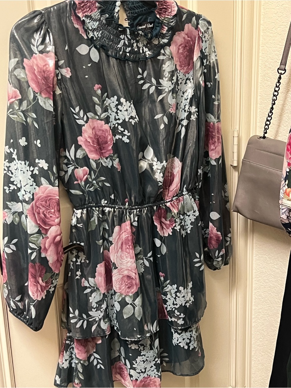 Crystal Doll Black Floral Midi Dress with Pink Roses